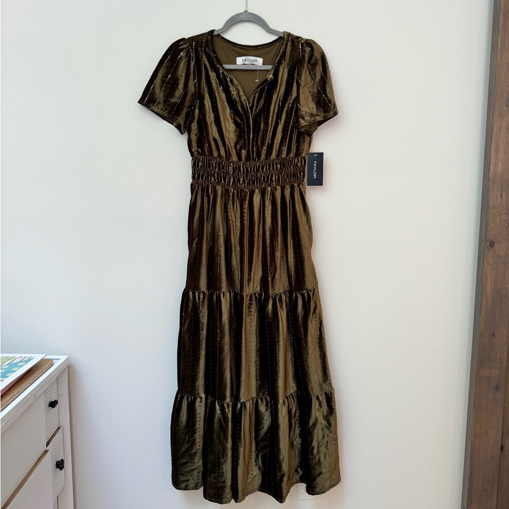 NWT Taylor Olive Velvet Sequin Maxi Dress